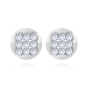 Detailed view of silver round studs featuring 3x3 matrix of inlaid clear zircons