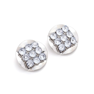 Detailed view of silver round stud earrings with nine-stone square crystal matrix inlay