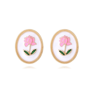 Vintage oval enamel stud earrings with gold woven border and floral lotus design