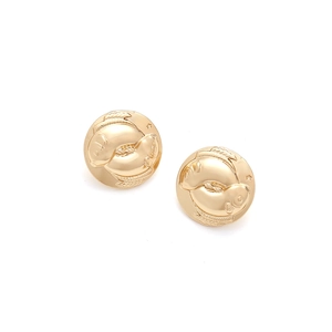 Retro golden relief Pisces stud earrings with intricate embossed twin fish design