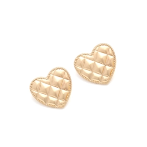Elegant gold heart earrings with quilted texture and twisted border on white background