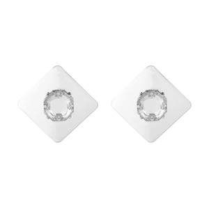 Detailed view of silver diamond stud earrings with octagonal crystal and geometric metal base