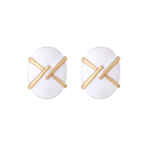 Vintage oval enamel stud earrings with gold geometric crisscross pattern in retro style