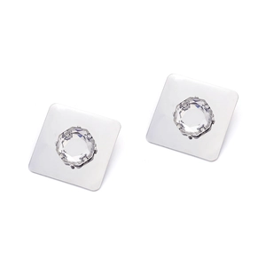 Modern square metal stud earrings with large round faceted clear crystal stones
