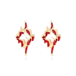 Irregular Lava Stud Earrings Zinc Alloy Red Enamel Texture Geometric Pleated Design Vintage Abstract Style For Women