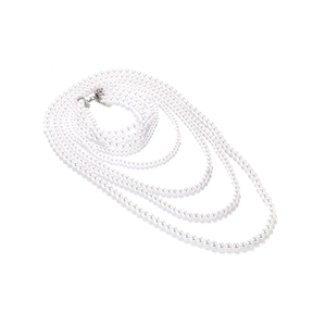 Elegant multilayer white faux pearl necklace with silver lobster clasp on white background