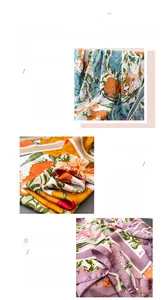 Macro shot of fine floral prints and delicate stitched edges on faux silk scarf