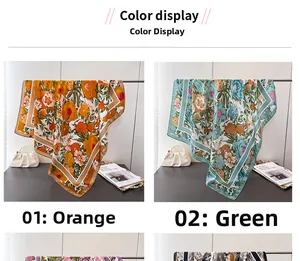 Detailed view of floral silk scarf patterns in orange and green elegant color schemes