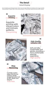Detail of silk-like scarf featuring grey-blue ink flower prints and fine hemmed edges