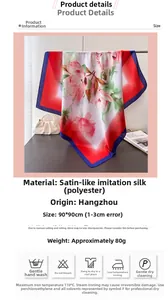 Detail showing 90x90cm peony floral silk square scarf with red border and blue rolled edges
