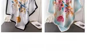 Detailed comparison of Peony printed silk scarves with black and white decorative trims