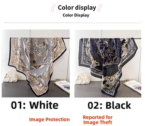 Detailed view of baroque print silk scarves in white and navy blue with floral patterns
