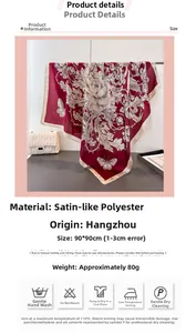 Detail of satin silk scarf featuring vintage wine red floral print and butterfly patterns