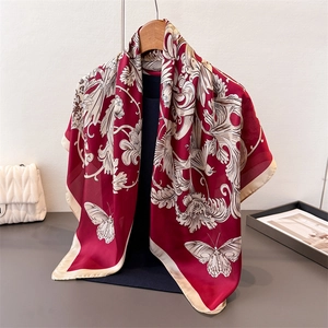 Deep red floral silk satin square scarf with butterfly pattern and beige border