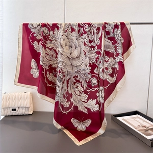 Elegant Floral Butterfly Print Faux Satin Satin Square Scarf Smooth Retro Hair Bandana Large Shawl For Women Neck Wrap