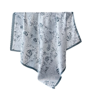 Ink floral silk-like square scarf in white and navy blue with a vintage flower pattern
