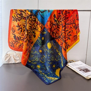 Eleganter Quadratischer Schal Satin Satinnartig Ölgemälde Druck Großer Schal Für Damen Modisches Haar Bandana Halstuch