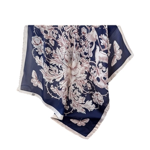 Navy blue faux silk square scarf featuring elegant floral and bird print with white borders