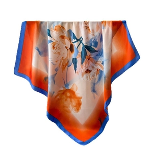 Elegant satin square scarf with peony print and orange borders on white background