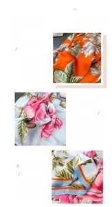 Close-up of satin silk scarf featuring vibrant floral prints and premium stitched edges