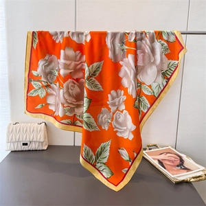 Romantic orange satin floral square scarf with large white roses and elegant drape