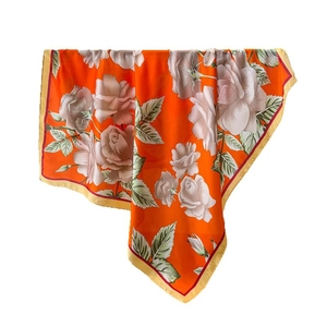 Floral satin square scarf with pink roses and orange silk-like finish for women