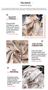 Detail view of artistic floral satin scarf showing premium print and rolled hem stitching