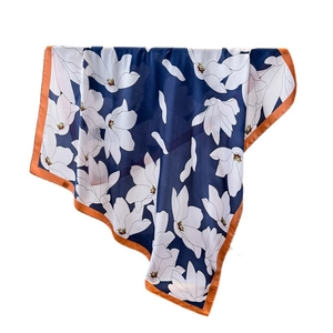 Elegant navy blue satin silk square scarf with white floral print and orange borders
