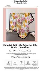 Detail of 90x90cm satin silk scarf featuring tulip print and black border finish