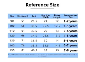 Detailed size chart for girls tutu skirt including length and bust measurements for ages 1-8