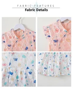 Detailed close-up of lace fabric with colorful butterfly prints and Chinese knot buttons