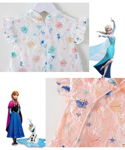 Detail of girls floral lace princess dress with flutter sleeves and pearl button neck