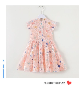 Detailed front view of pink lace girls' dress with butterfly print and ruffled sleeves