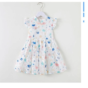 Detail of white lace dress with colorful butterfly prints and Chinese frog button collar