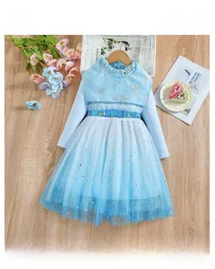 Detailed view of sky blue girls' Elsa princess dress with silver snowflake sequins