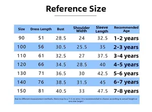 Detailed size guide for Frozen Elsa princess dress for girls aged 1 to 8 years