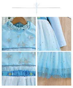 Detailed views of Elsa-style blue princess dress with silver snowflakes and tulle layers