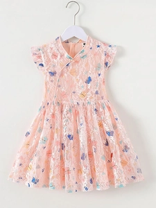 Girls Butterfly Print Lace Dress Chinese Cheongsam Collar Flutter Sleeve Summer Princess Apparel Toddler