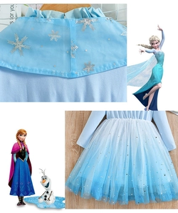 Detail of blue frozen princess dress showing sequin stars and silver snowflake cape