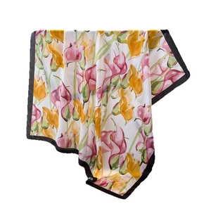 Floral print satin silk scarf with pink tulip patterns and elegant black contrast border