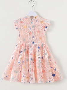 Pink lace girls princess dress with colorful butterfly prints and elegant ruffle sleeves
