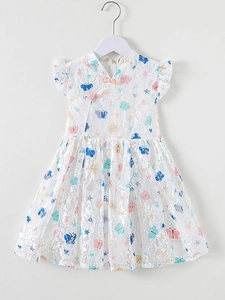 Girl's white lace summer princess dress with colorful butterfly prints and flutter sleeves