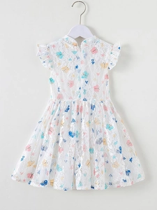 White lace girls' princess dress with colorful butterfly prints and ruffled sleeves