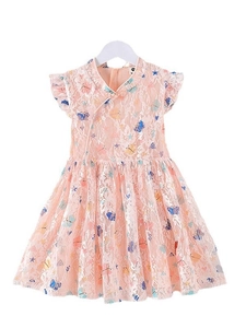 Girl's pink orange lace princess dress with floral prints and traditional Chinese collar