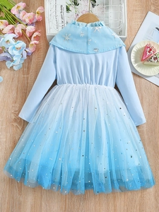 Girls Elsa princess dress with snowflake embroidery and blue gradient sequin mesh skirt