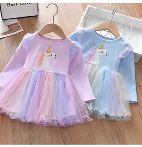 Robe licorne à manches longues pour fille avec jupe en tulle arc-en-ciel rose et bleue