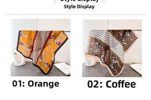 Detail view of equestrian patterned square scarves in orange and coffee brown tones