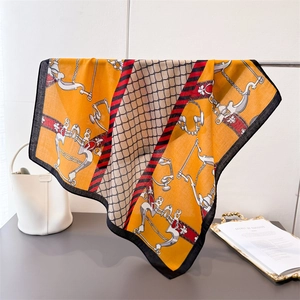 Retro orange herringbone cotton-linen silk scarf with equestrian chain prints and black border