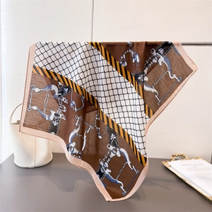 Retro equestrian style silk-like square scarf featuring horse bit and chain patterns