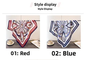 Detail of vintage carriage pattern on red and blue cotton linen blend square scarves